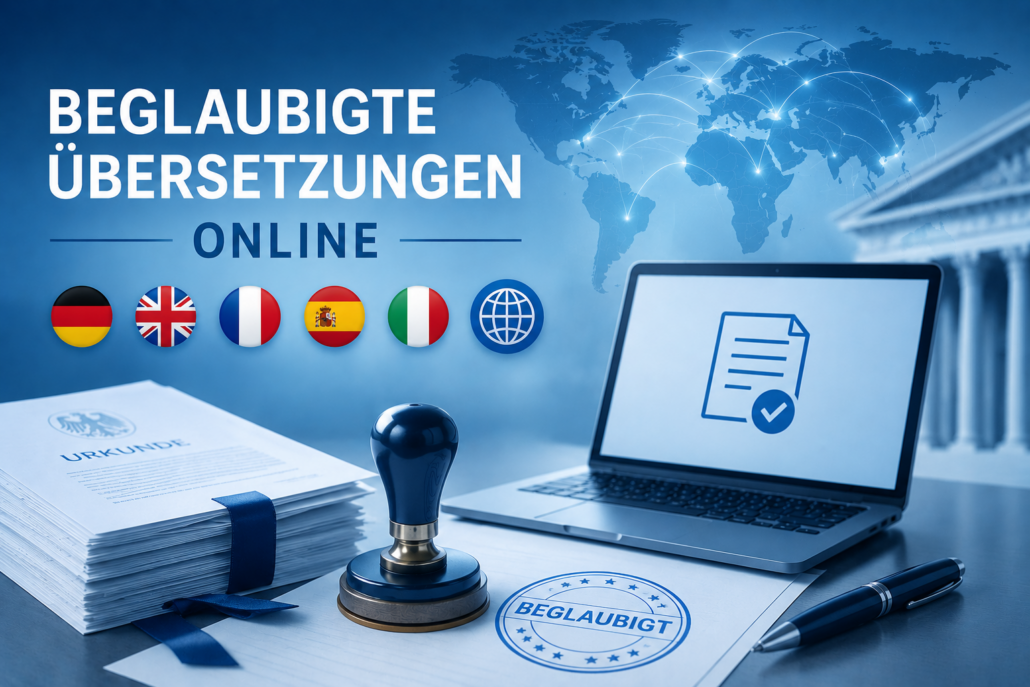 Beglaubigte Übersetzungen online in allen Sprachen mit Gerichtsstempel und internationalem Übersetzungsservice